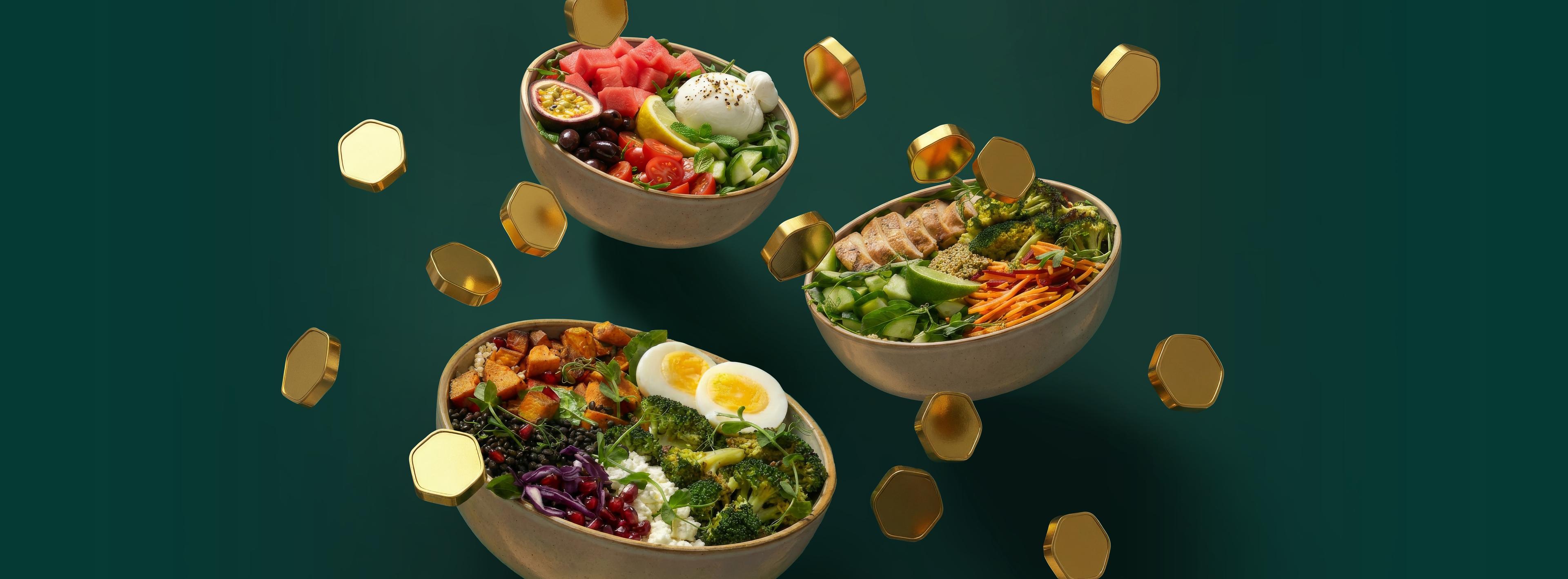 Flying salad bowls with golden coins